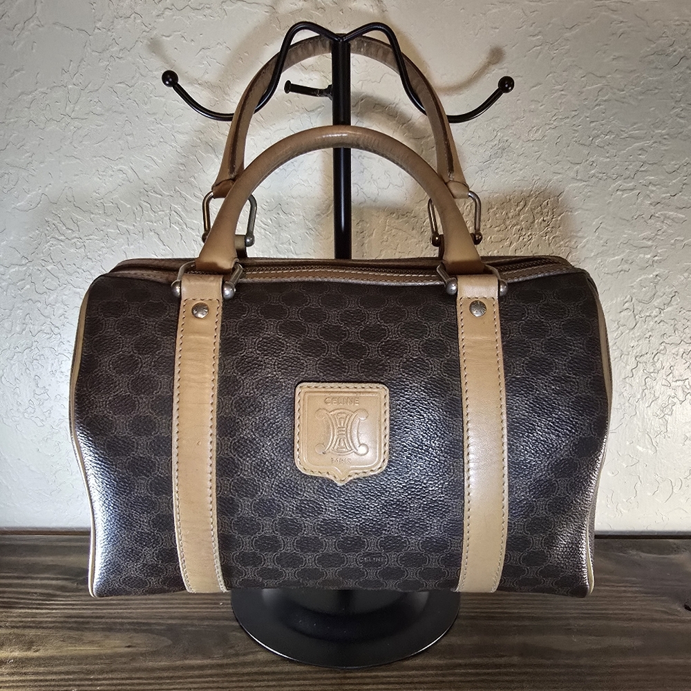 Celine Brown and Tan Macadam Pattern Boston Style Handbag